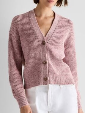 QUINCE Organic Cotton Fisherman Boxy Crop Cardigan Marled Rose Pink Small